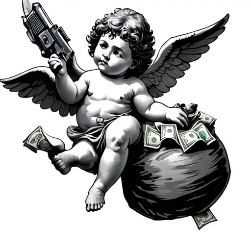 Black Cherub Flying With A Sack Of Money And Guns