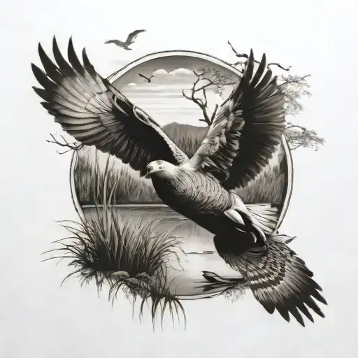 A Black-grey Tattoo Of A Hunting Scene With A Duck Flying Over A Marsh