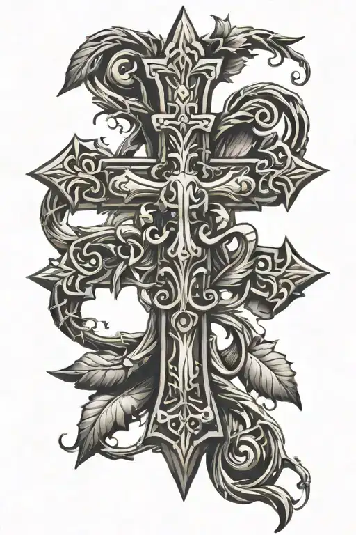 Christian Wooden Cross With Thorns Twisting Around It With A Crown At The Top