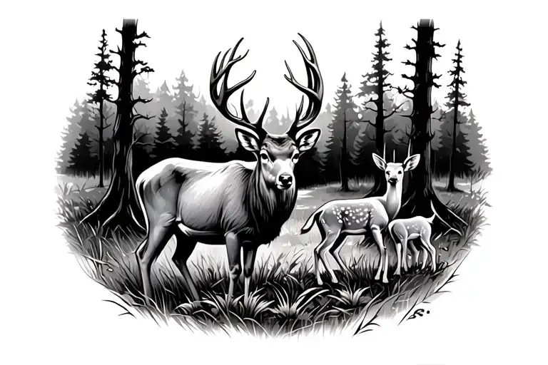 Buck Standing In Woods With A Buten Buck And A Baby Doe