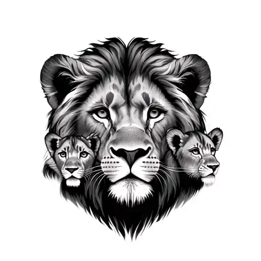 Lion And 3 Female Cubs Face Only