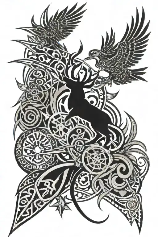 A Tribal Design Incorporating Elements Of Rock Music And Hunting Symbols