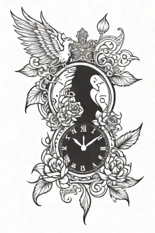 A Crown On Top Of A Clock In A Vertical Position With A Lotus Flower And A Phoenix