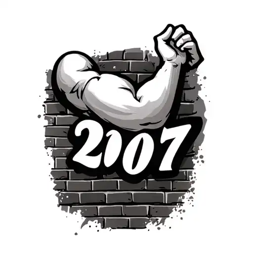 Tattoo On Bicep With Brick Background With 2007 But One Of The 0'S Is A Baby