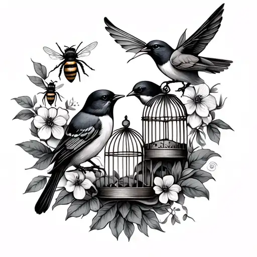 Garden Sleeve Tattoo With Birds And Bees And Bird Cages