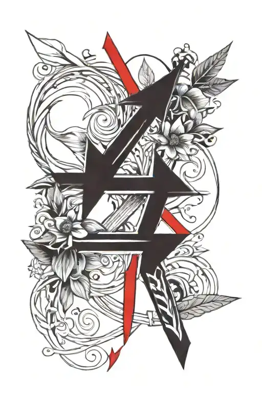 Forearm Tatto Of 3 Black Arrows Representing Adoption With A Red Vine Interwoven Between Them