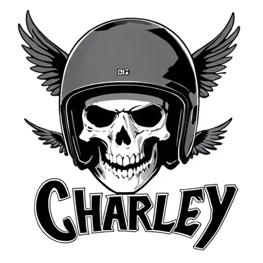 The Name Charley In Skull Letters With Flying Angles With A Ditbike Helmet