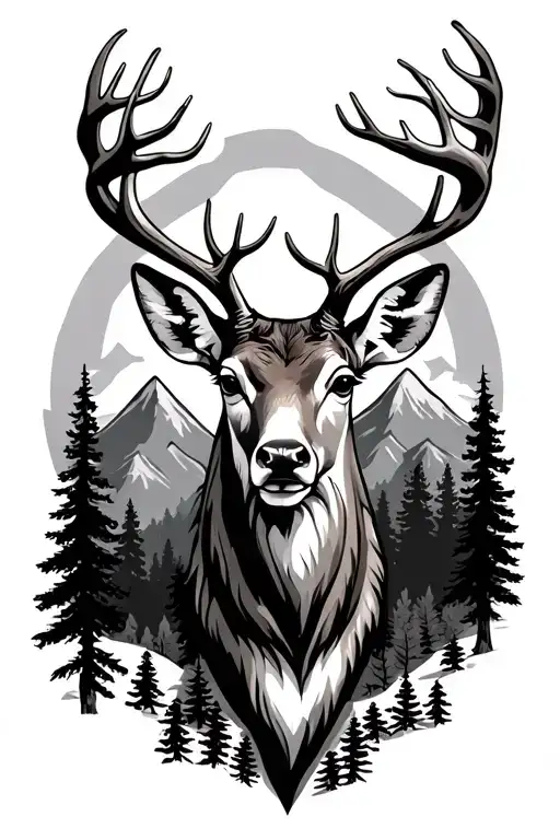 Forest With Deer Head And Mountains Inside