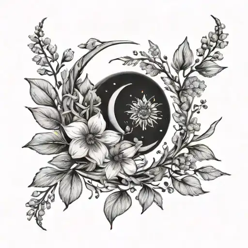 A Black-grey Tattoo Of A Crescent Moon Surrounded By Delicate Wildflower Vines