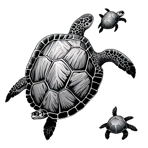 Sea Turtle With Two Baby Turtles Swimming