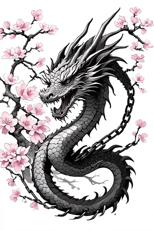 Chained Dragon Emerging With Cherry Blossom Background