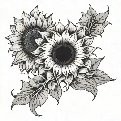A Black-grey Tattoo Of A Large Sunflower With The Pisces Zodiac Symbol Hidden Within The Petals