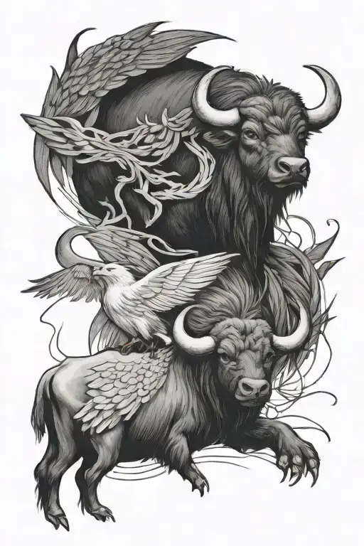 Design A Water Buffalo And Philippines Eagle Intertwined In A Black-grey Realism