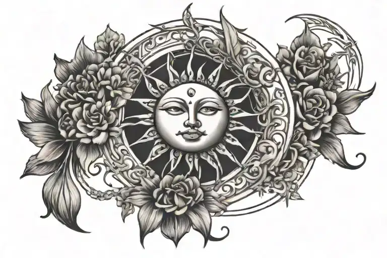 Simplistic Whispy Sun And Moon Intertwined With Throns And Flowers