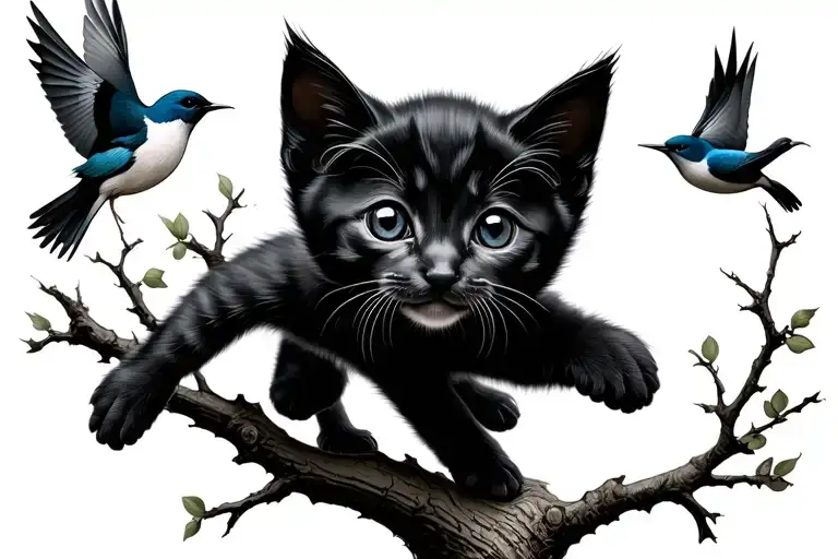 Black Kitten Chasing Birds In A Tree