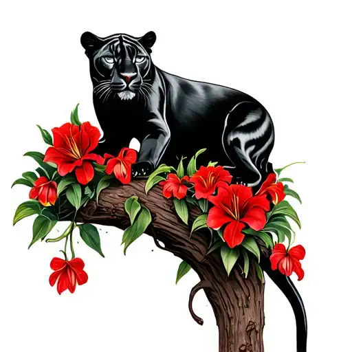 Panther Laying On Tree With Red Carnations Iris Lily