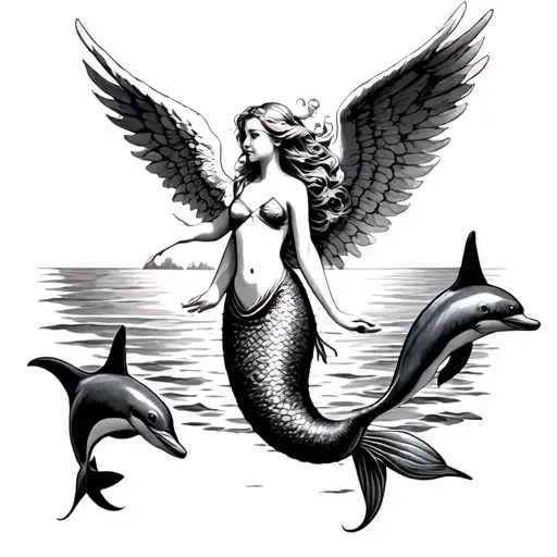 Angel Mermaid With Dolphins Jumping With Sunset