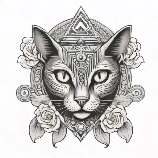 An Egyptian Cat With The Eye Of Ra Below And Flowers In The Background