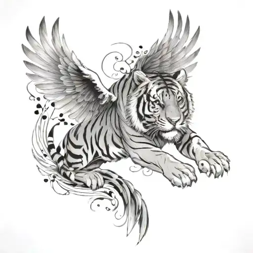 A Majestic Tiger With Wings Soaring Through A Sky Filled With Musical Notes
