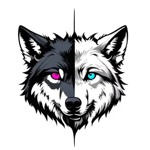 Wolf Head With Two Different Sides With A Pink And One Blue Eye