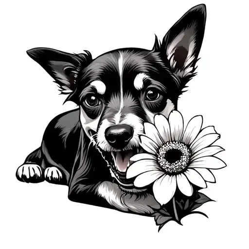 A Dog Holding A Flower Sweetly With A Second Dog Baring It's Teeth