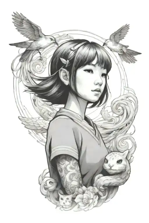 A Black-grey Portrait Tattoo Of Chihiro Looking Up At Haku In Awe And Wonder
