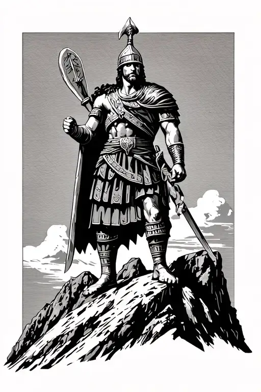 Roman Gladiator Standing Triumphantly Atop A Mountain Peak