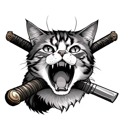 The Cat Holds A Katana In His Teeth
