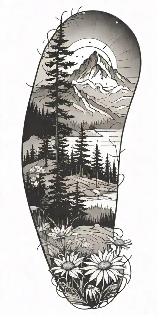 A Sketch-style Tattoo Of A Mountain Landscape With Pine Trees And Daisies Scattered Throughout