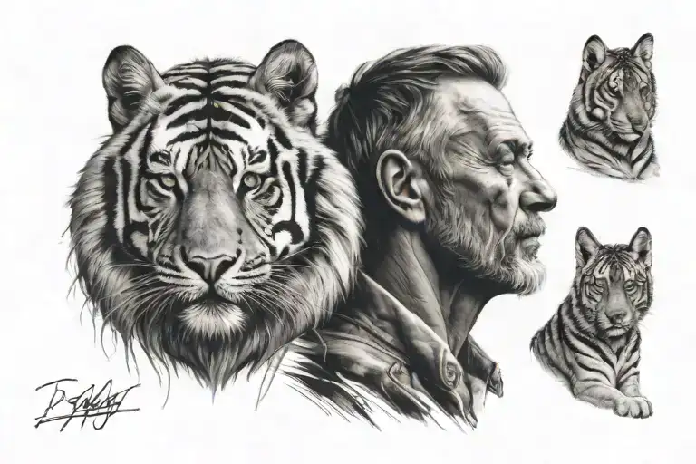 A Realistic Black And Grey Portrait Of A Father With A Tiger And Wolf Resting At His Feet