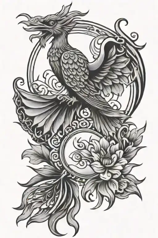 Tattoo Designs With Phoenix Lotus Sun Moon And Good Luck Sign Combination