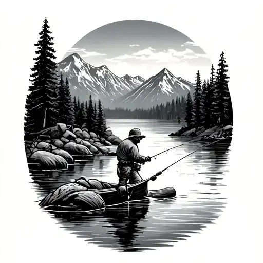 Fishing On A River In The Woods In Front Of The Mountains