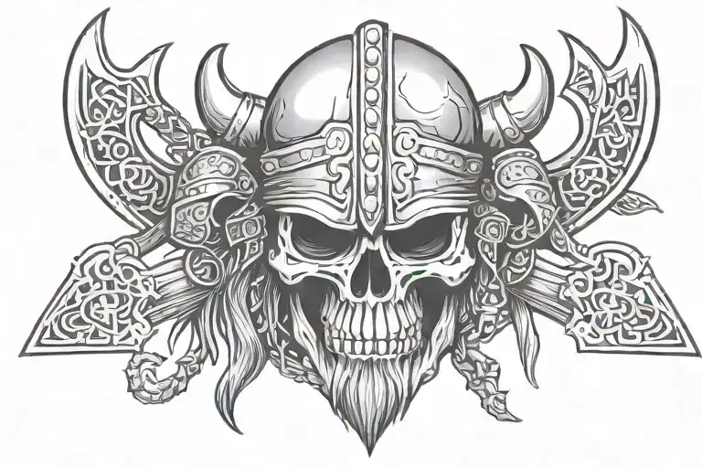Skull Wearing Viking Helmet With Two Battle Axes Crossing Over Eachother