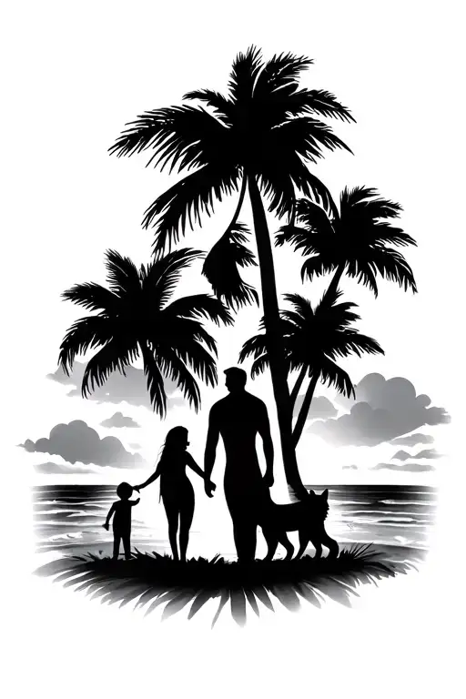 Palms And Beach With A Woman And A Man And A Kid And A Husky Silhouette
