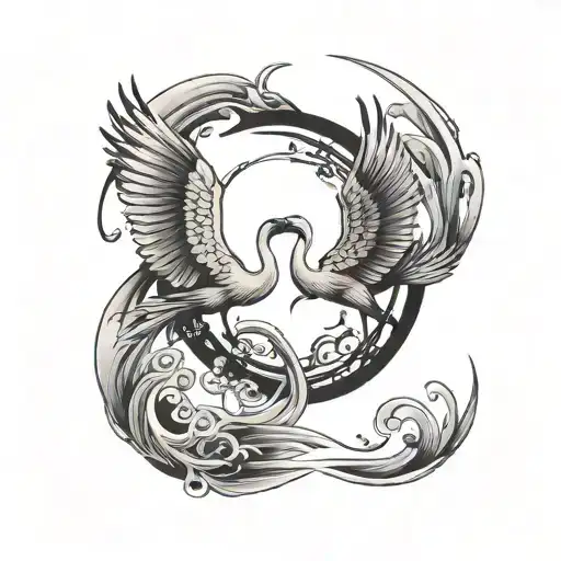 2 Cranes Flying Towards Each Other In Yin Yang Symbol Formed