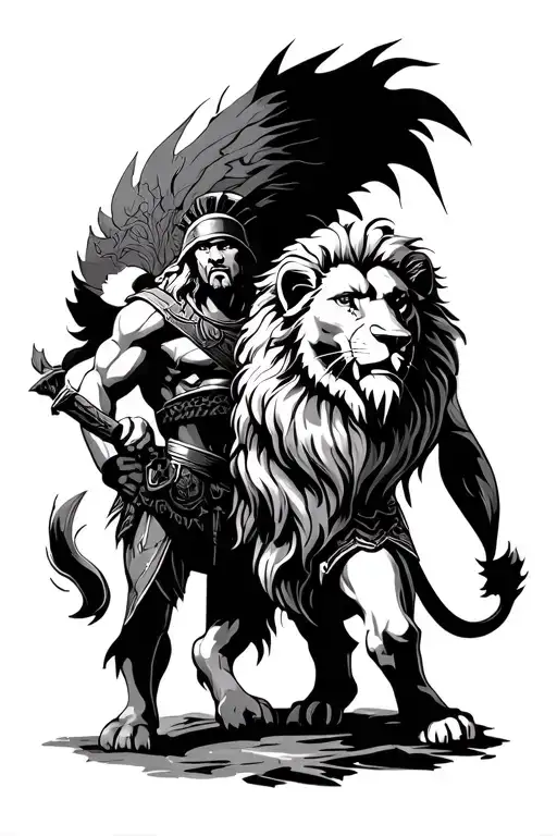 Lion And Spartan Warrior Wielding