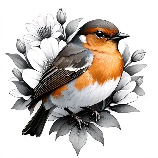 Robin And Flowers Blooming Flower Surrounded