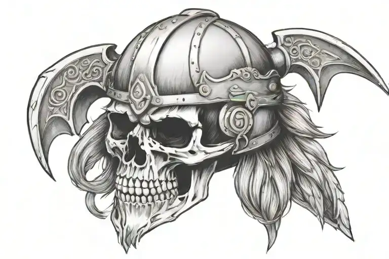 Skull Wearing Viking Helmet With Two Battle Axes Crossed Beneath