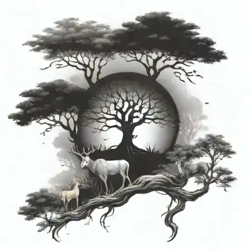 A Mystical Forest Scene With Magical Creatures And Symbols Of Strength