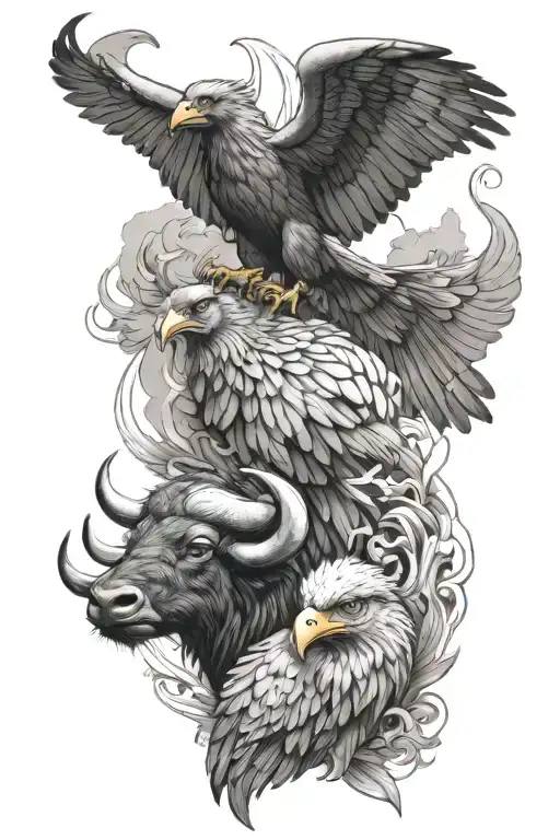 Design A Water Buffalo And Philippines Eagle Intertwined In A Black-grey Realism