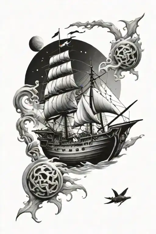 A Futuristic Sci-fi Pirate Ship Sailing On Water Planet With Celtic Inspired Patterns