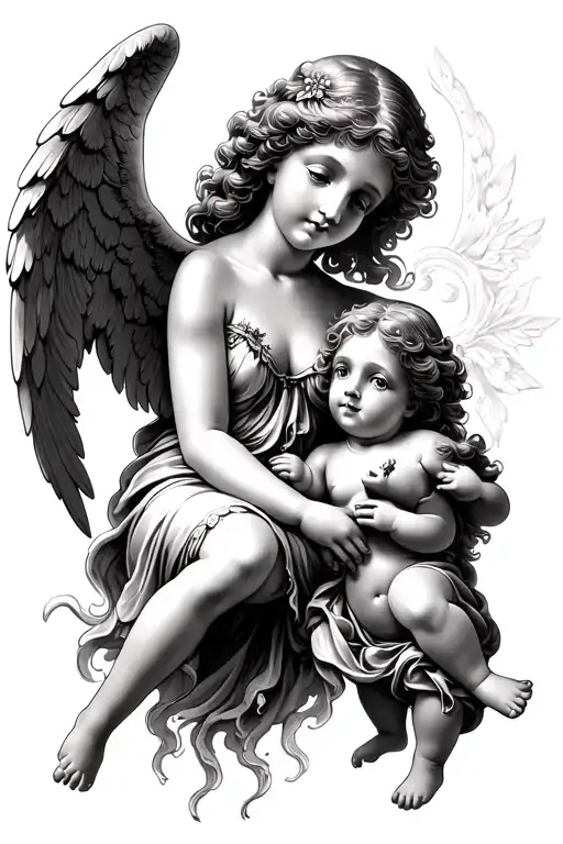 Angel Woman And Small Cherubs