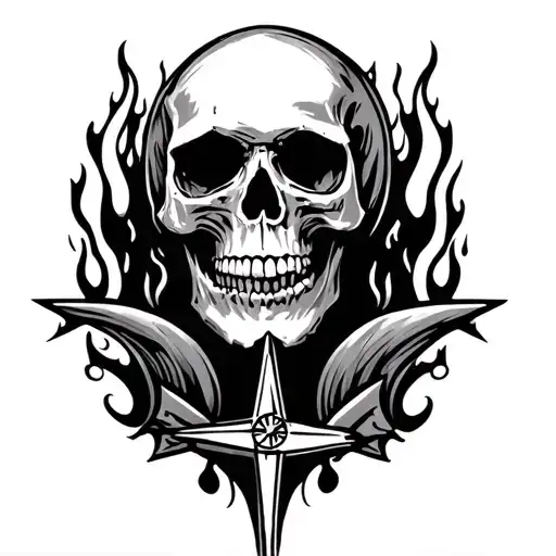 Skull With Compass And Flames Left Arm