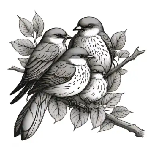 Bird Family On A Long Branch With Leaves