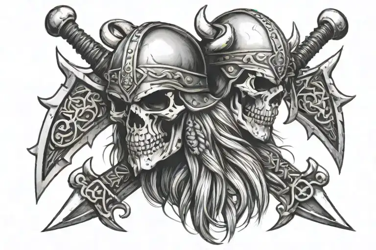 Skull Wearing Viking Helmet With Two Battle Axes Crossing Over Eachother
