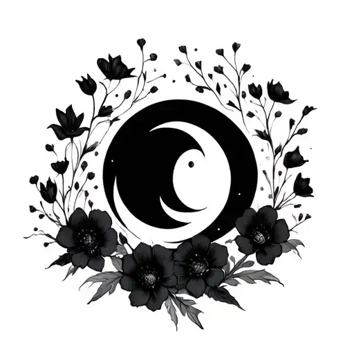 Black Moon Surrounded By Black Flowers