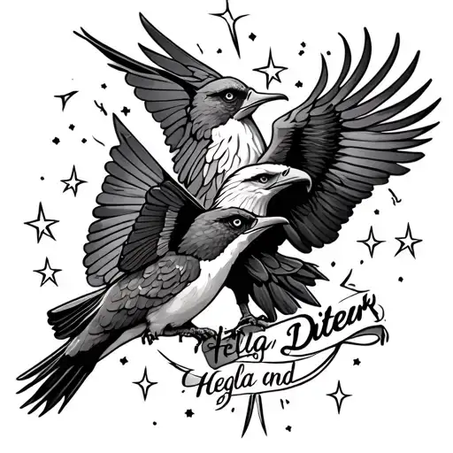 A Humming Bird And A Bald Eagle With Shooting Stars Surrounding It And The Names Helga And Dieter
