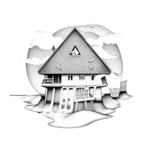 A Beach Scene With A House-shaped Sandcastle