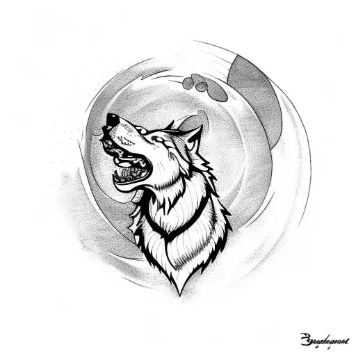 A Tattoo Design Of A Wolf Howling At The Moon With A Heart-shaped Ocean Wave