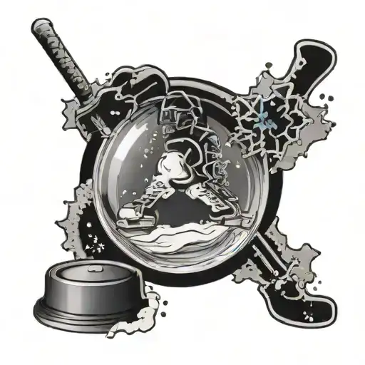A Black-grey Tattoo Of A Hockey Puck With A Snow Globe Inside